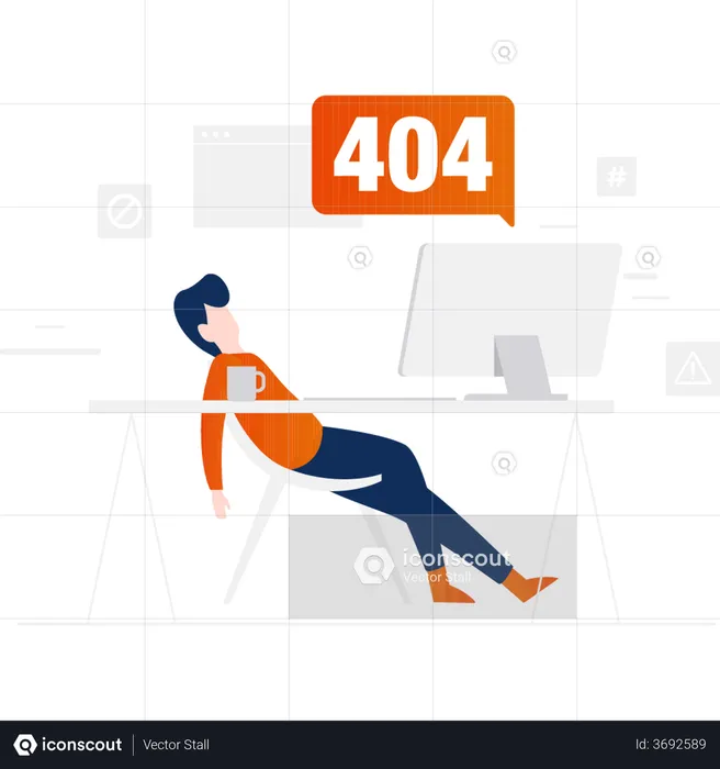 Un garçon dort sur une chaise avec un écran d'erreur 404  Illustration