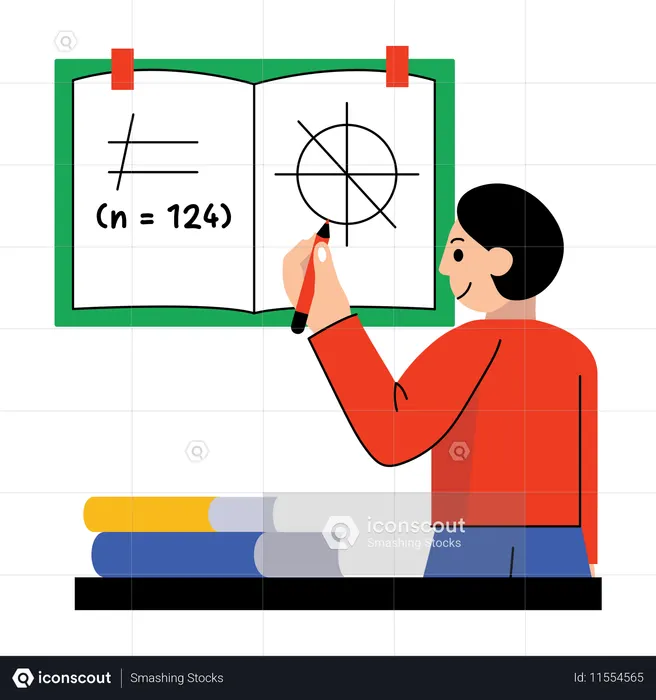 Un garçon écrit des notes de formule dans un cahier de mathématiques  Illustration