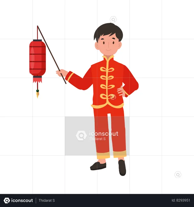 Garçon en robe traditionnelle chinoise tenant une lanterne rouge  Illustration