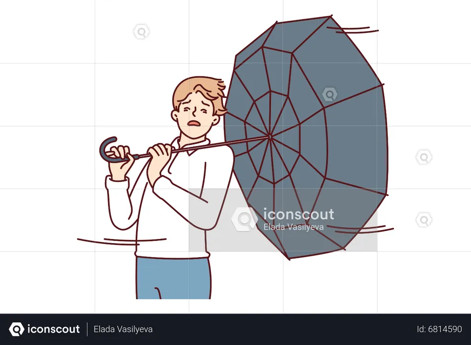 Garçon essayant de tenir le parapluie fort  Illustration