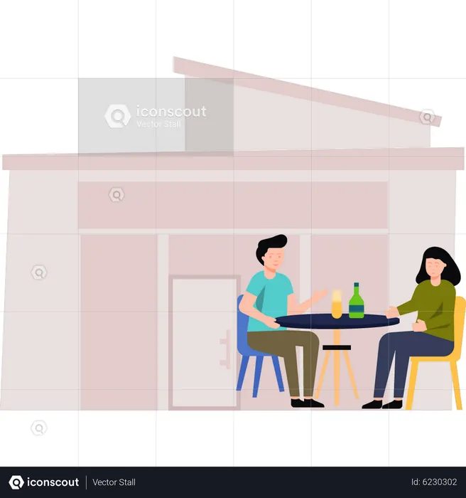 Garçon et fille assis à table au restaurant  Illustration