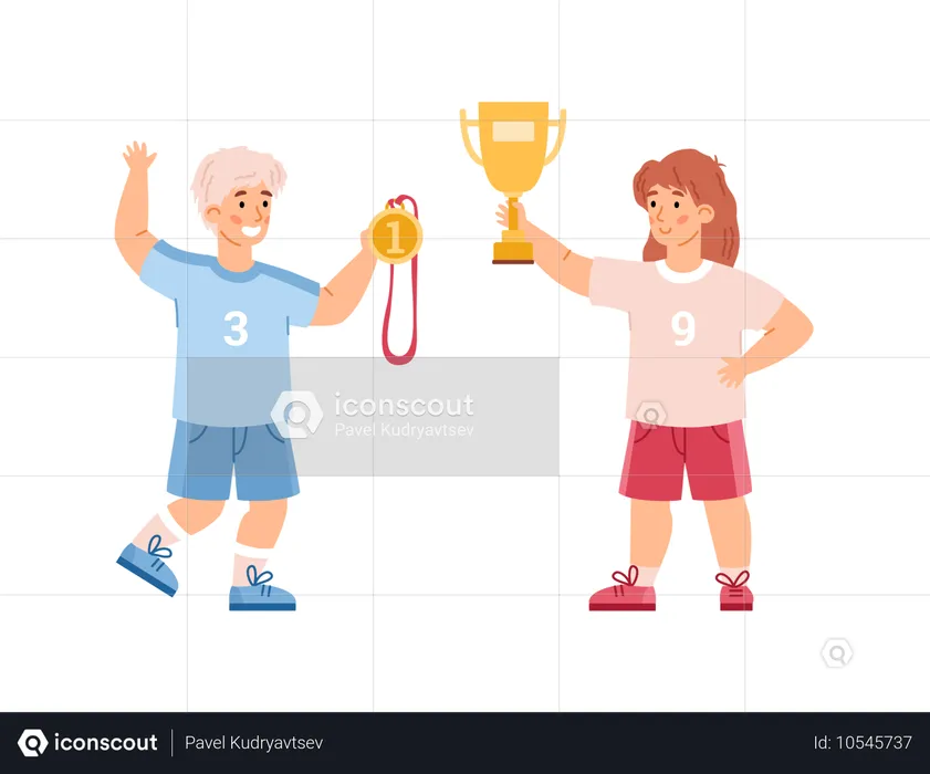 Garçon et fille avec une coupe et une médaille d'or  Illustration