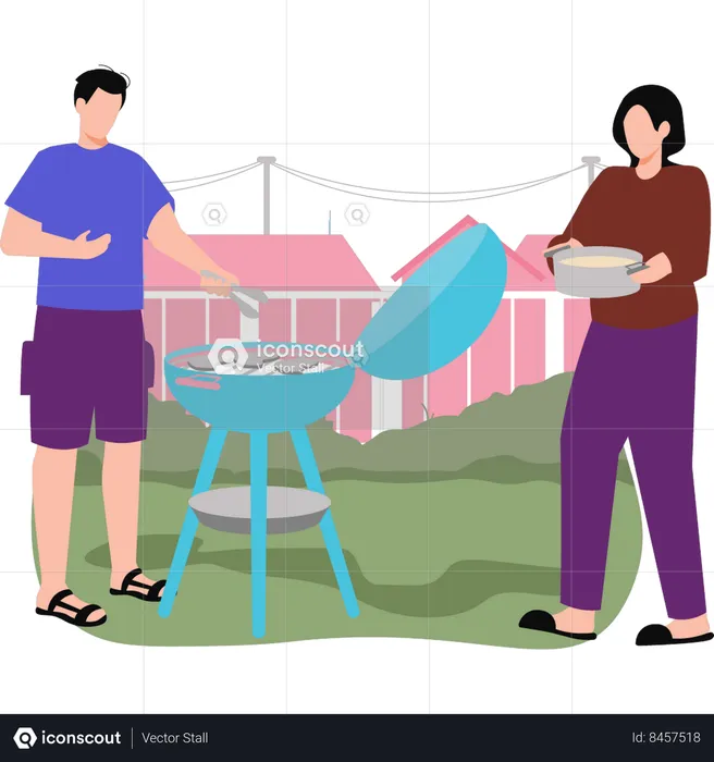 Garçon et fille faisant un barbecue dehors  Illustration