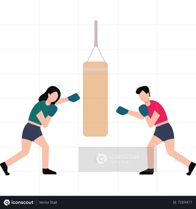 Garçon et fille boxant sur un sac de boxe  Illustration