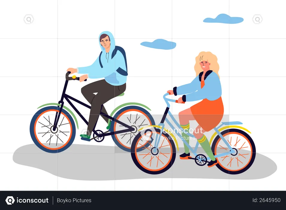 Garçon et fille faisant du vélo  Illustration