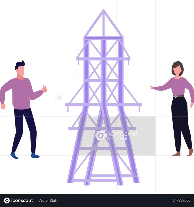Garçon et fille debout près de la tour électrique  Illustration