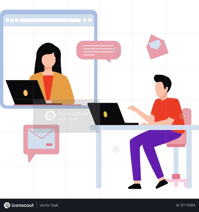 Garçon et fille discutant en ligne sur un ordinateur portable  Illustration
