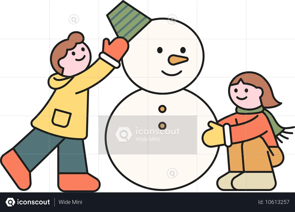 Garçon et fille faisant un bonhomme de neige  Illustration