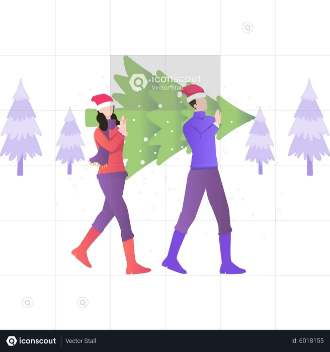 Garçon et fille portant l'arbre de Noël  Illustration