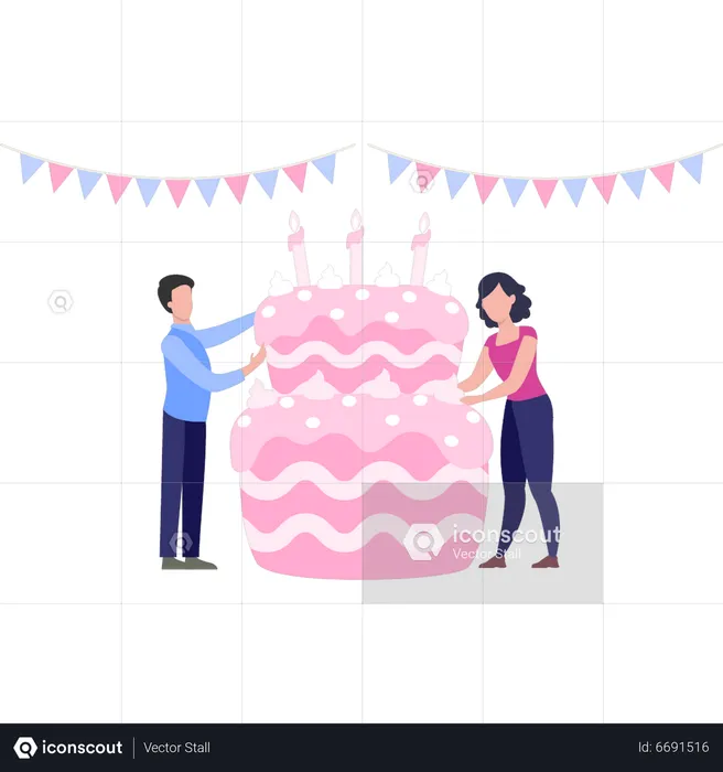 Garçon et fille préparant le gâteau d'anniversaire  Illustration