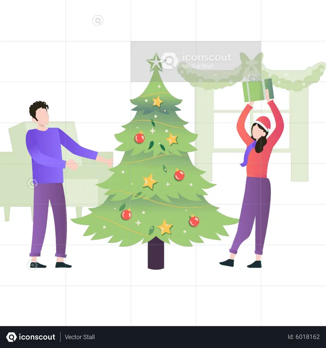 Garçon et fille regardant l'arbre de Noël  Illustration