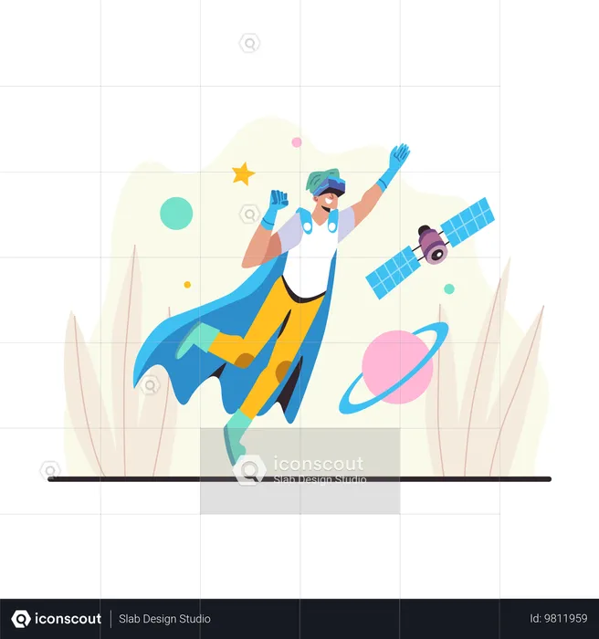 Garçon explorant l’espace en utilisant la réalité virtuelle  Illustration