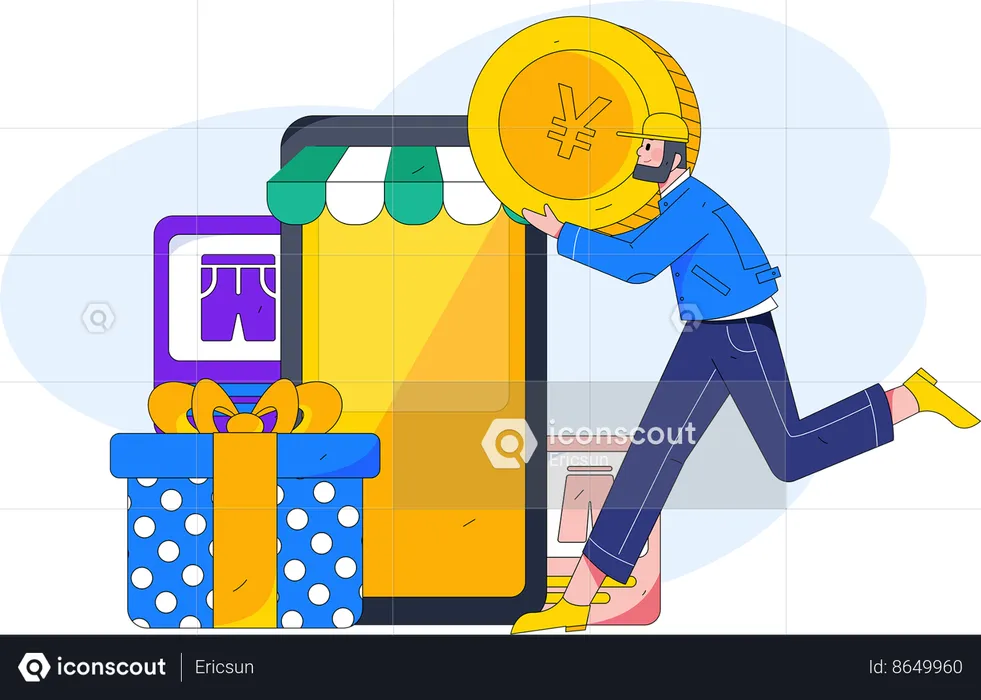 Garçon faisant des achats en ligne  Illustration