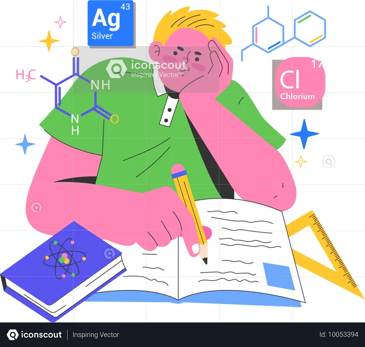 Garçon faisant ses devoirs de chimie  Illustration