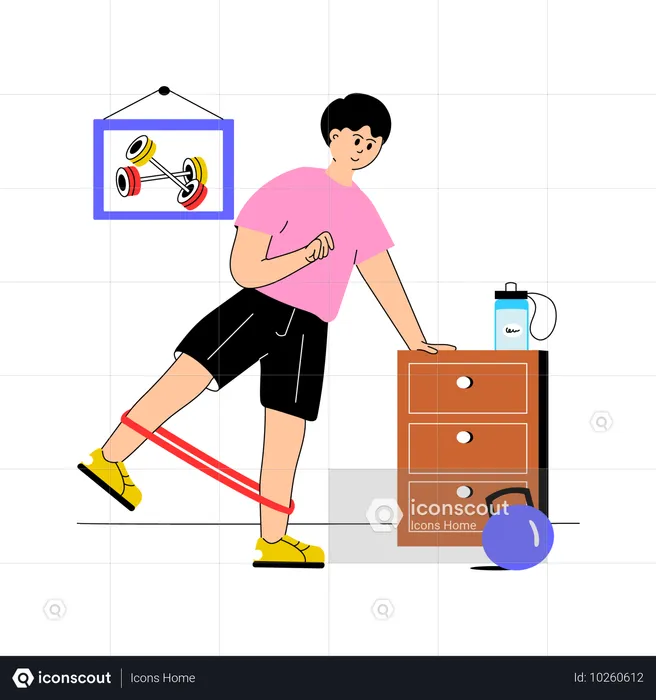 Garçon faisant des exercices d'étirement des jambes à l'aide d'une bande de résistance  Illustration