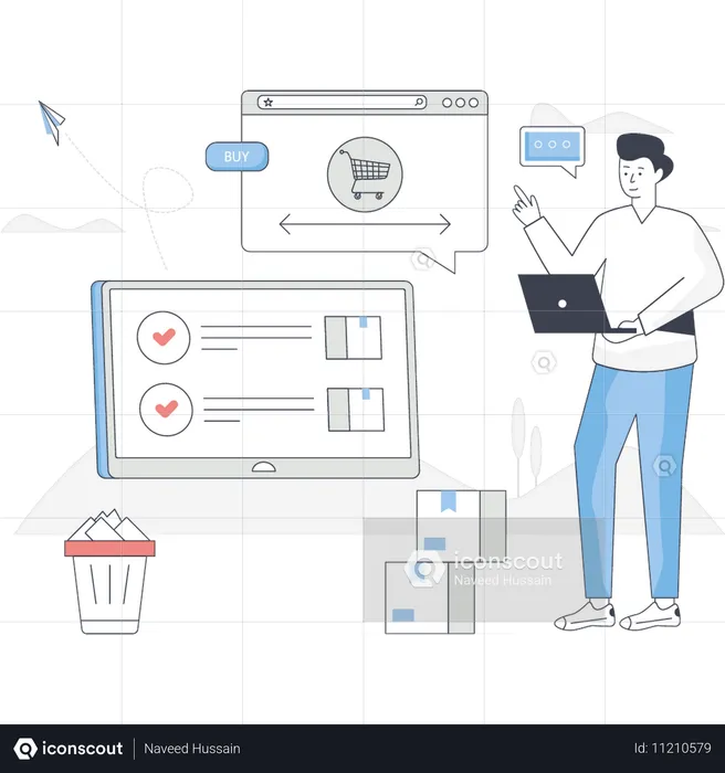 Un garçon fait du shopping en ligne  Illustration