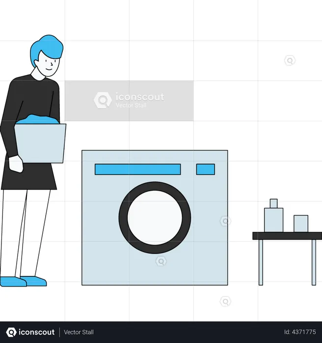 Garçon, laver les vêtements à l'aide d'un lave-linge  Illustration