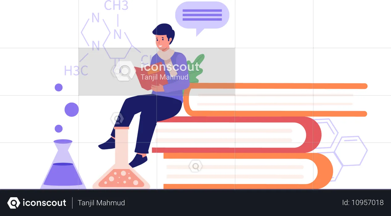 Garçon lisant des formules de chimie  Illustration