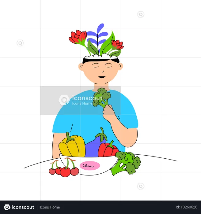 Un garçon mange des légumes pour sa santé mentale  Illustration