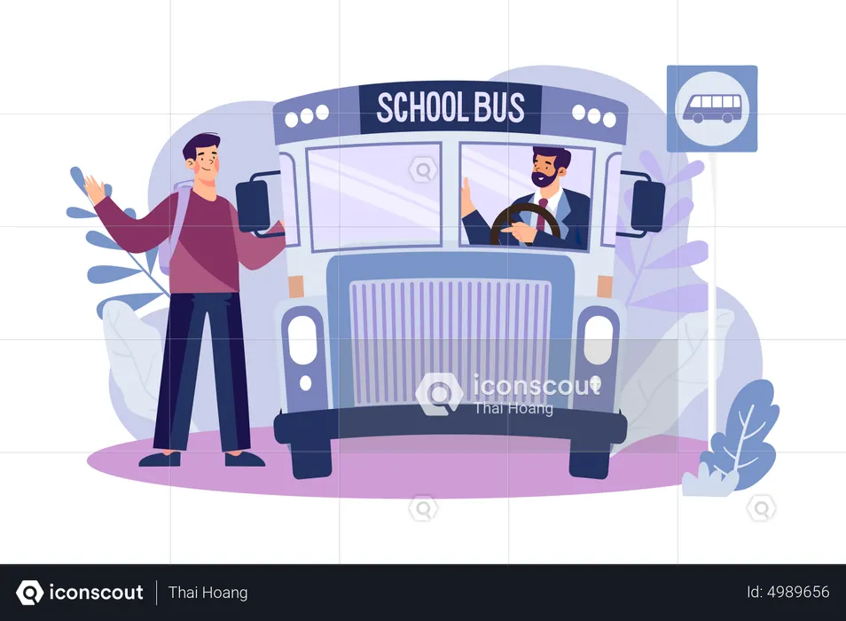 Garçon montant dans le bus scolaire  Illustration