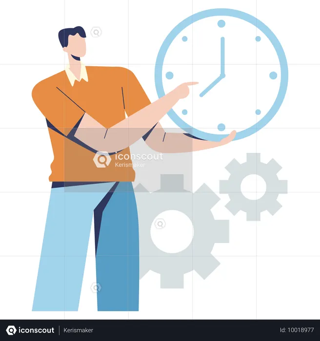 Garçon montrant l'horloge tout en travaillant sur la gestion du temps  Illustration