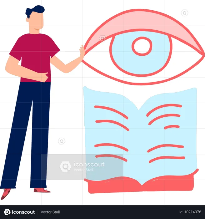 Garçon montrant ses yeux pour lire un livre  Illustration