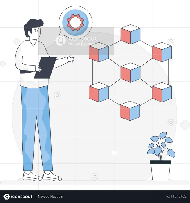 Un garçon montre la technologie blockchain  Illustration