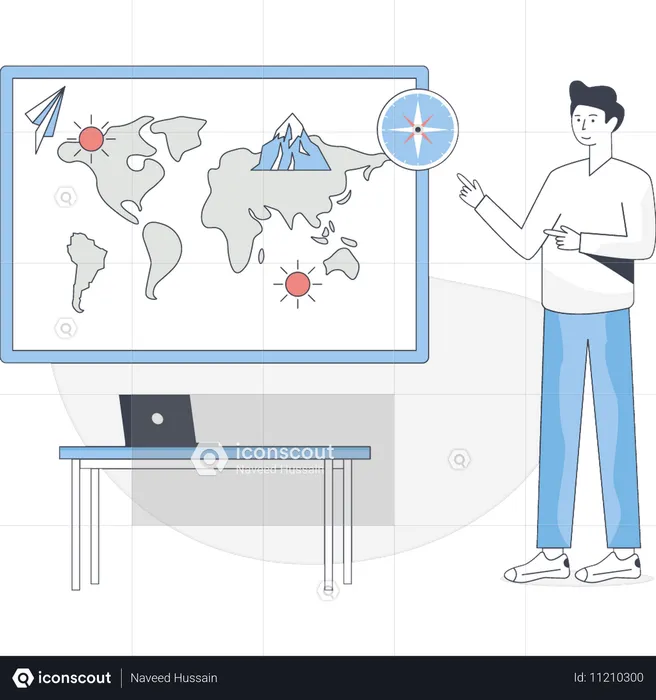 Un garçon montre une leçon de géographie  Illustration