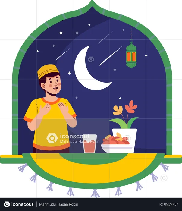 Garçon musulman faisant la prière de l'iftar  Illustration