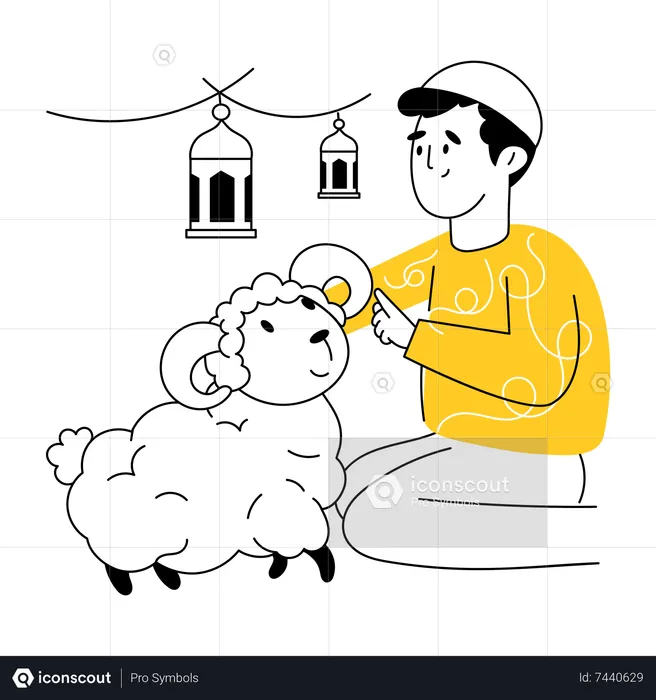 Garçon musulman parlant avec des moutons  Illustration