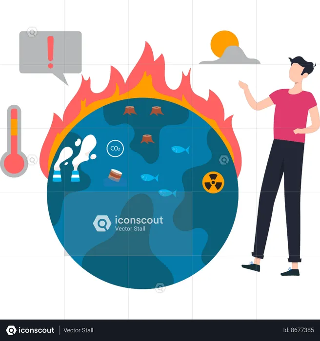 Un garçon observe le changement de température dû au changement climatique  Illustration