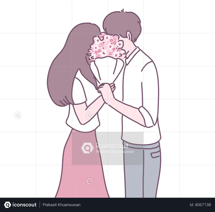 Garçon donnant un bouquet de fleurs à une fille  Illustration