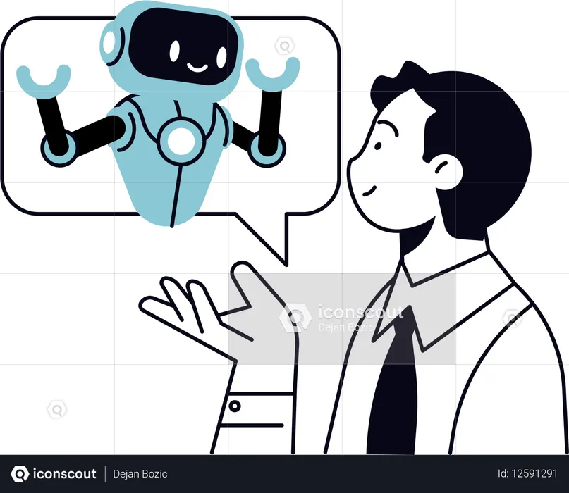 Un garçon parle à un chatbot  Illustration