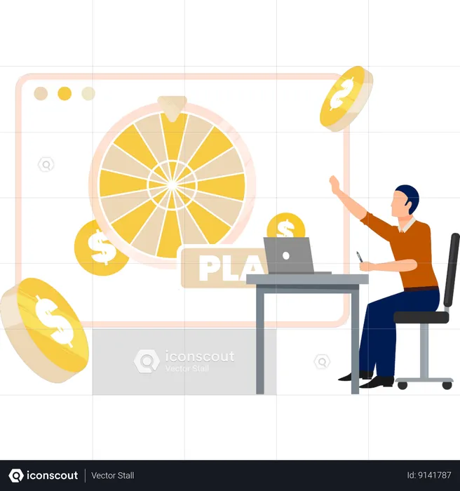 Garçon pointant vers la roulette en ligne sur la page web  Illustration