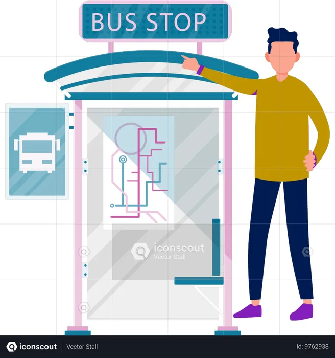 Garçon pointant sur le panneau d'arrêt de bus  Illustration