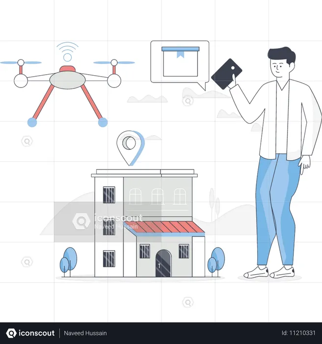 Un garçon pointe la technologie des drones  Illustration