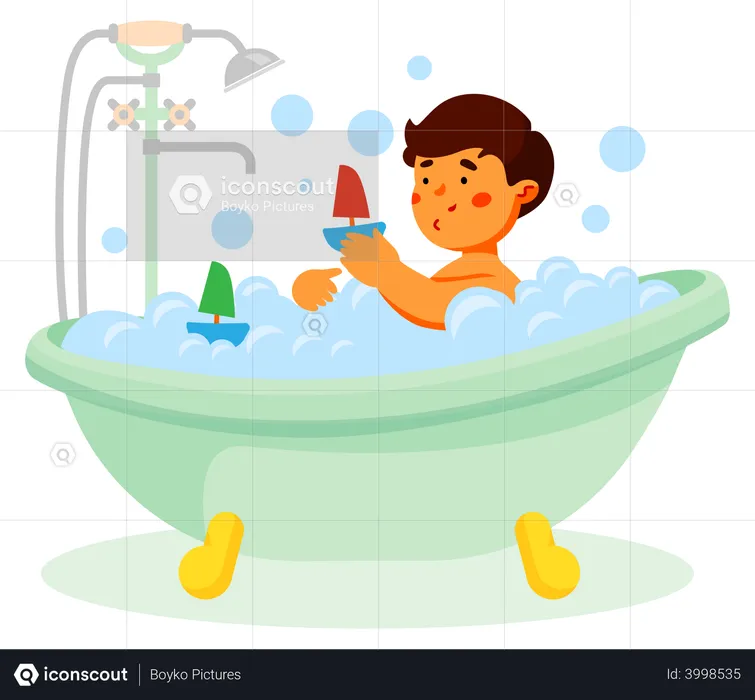 Garçon prenant un bain  Illustration