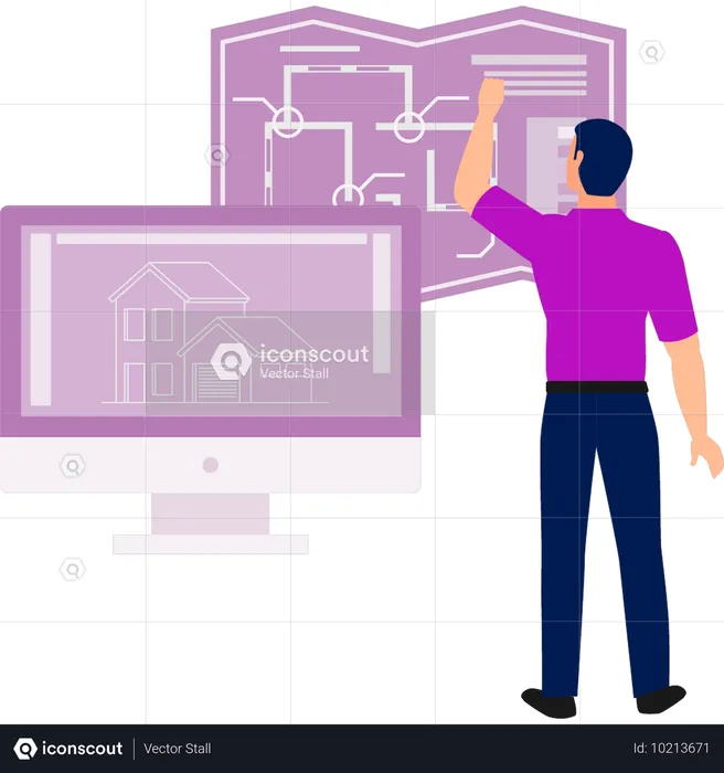 Un garçon parle du plan de construction d'une maison sur un moniteur  Illustration