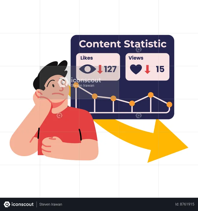 Garçon regardant la diminution des likes et des vues sur les réseaux sociaux  Illustration