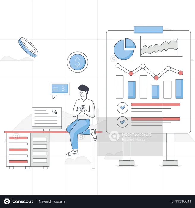 Un garçon regarde un compte financier  Illustration