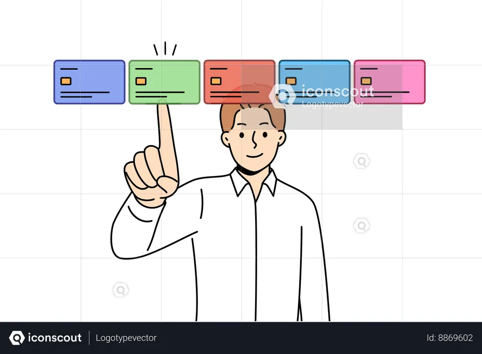 Un garçon sélectionne une carte pour le paiement en ligne  Illustration