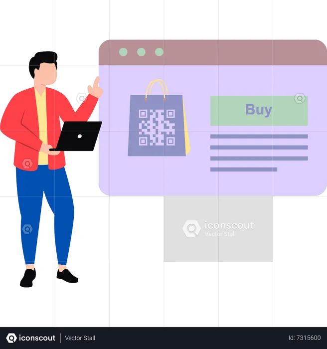 Garçon faisant du shopping avec le code QR  Illustration