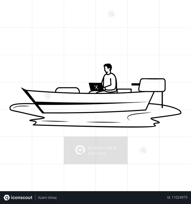 Garçon sur un bateau travaillant sur un ordinateur portable  Illustration