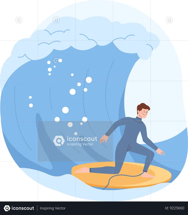 Garçon surfant sur les vagues  Illustration