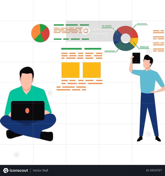 Garçon travaillant sur l’analyse des données sur ordinateur portable  Illustration