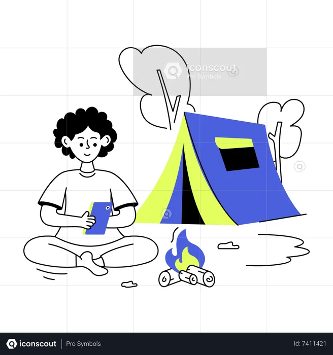 Garçon utilisant le téléphone en camping seul  Illustration