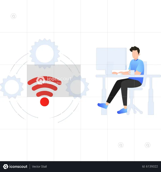 Garçon utilisant le WIFI sur le moniteur  Illustration