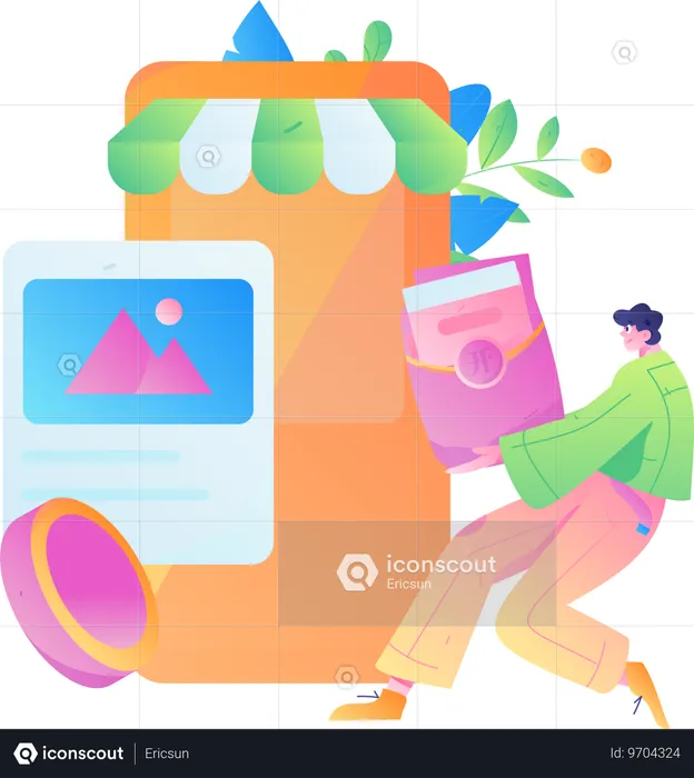 Garçon utilisant une application de shopping mobile  Illustration