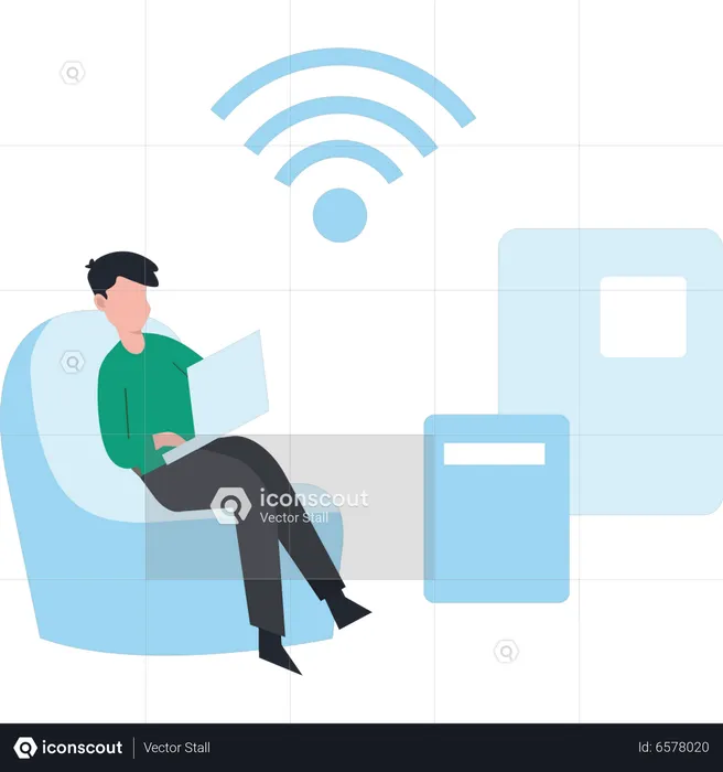 Garçon utilisant un ordinateur portable avec connexion Wi-Fi  Illustration