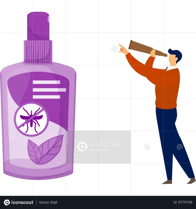 Garçon utilisant un télescope pour voir un spray sans virus  Illustration